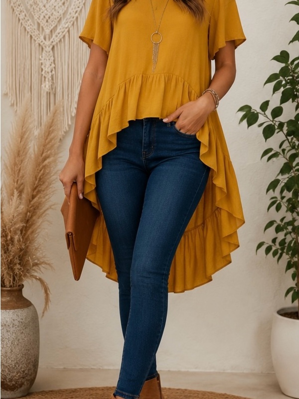AUW Mustard High-Low Ruffle Blouse XL Boho Flowy Short Sleeve Top